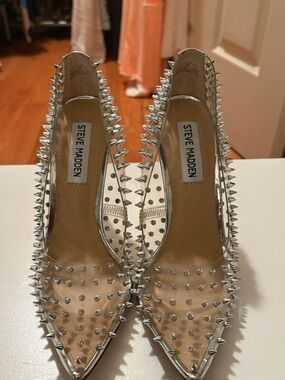 Steve Madden Silver Spike-Embellished Clear Pointed Heels